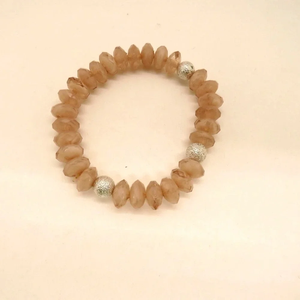 Beaded Stretch Bracelet‎ Faceted Light Pink Peach Silver Tone Beads